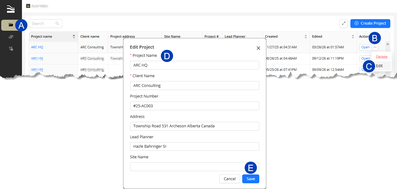 Editing project details including name, client, address, and lead planner information.